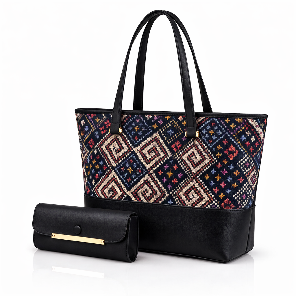 Elegant Two-Piece Canvas Shoulder Bag Set with Long Handles and Matching Pouch