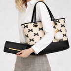 Chic Beige Tote Bag with Black Bow Pattern & Stylish Gold Accents - Two-Piece Set