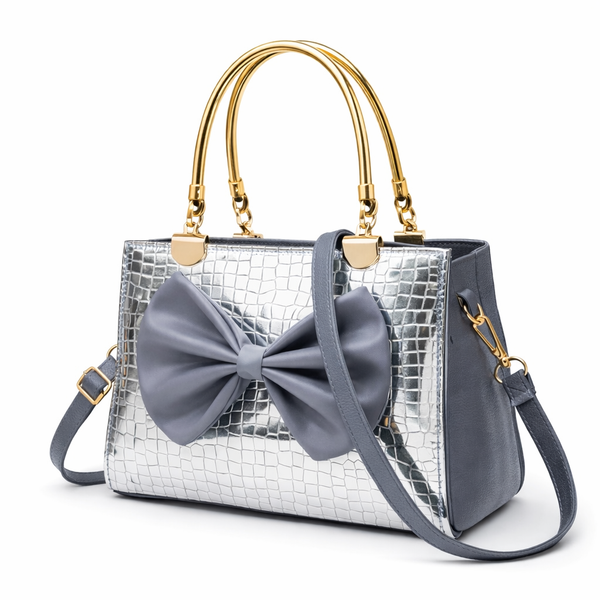 Elegant Silver Bow Handbag with Gold Accents – Perfect for Every Occasion