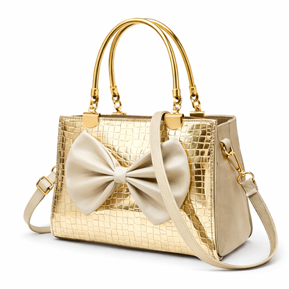 Elegant Silver Bow Handbag with Gold Accents – Perfect for Every Occasion