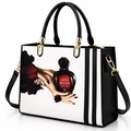 Black and White Handbag with Vintage Perfume Design – A Fashionable Statement Piece