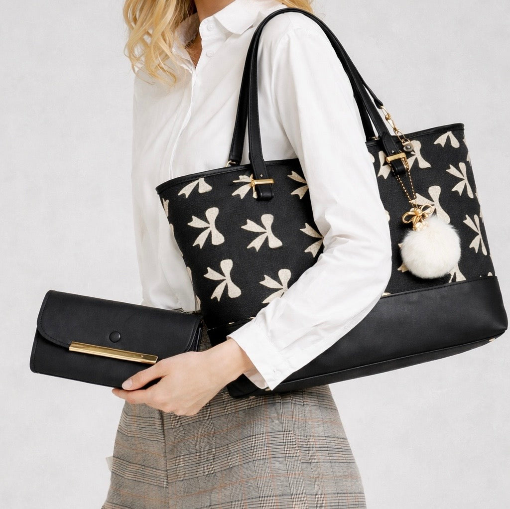 Chic Black Tote Bag with Beige Bow Pattern & Stylish Gold Accents - Two-Piece Set