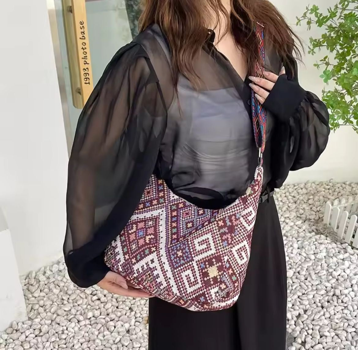 Stylish Trendy Ethnic Print Canvas Shoulder Bag with Adjustable Strap