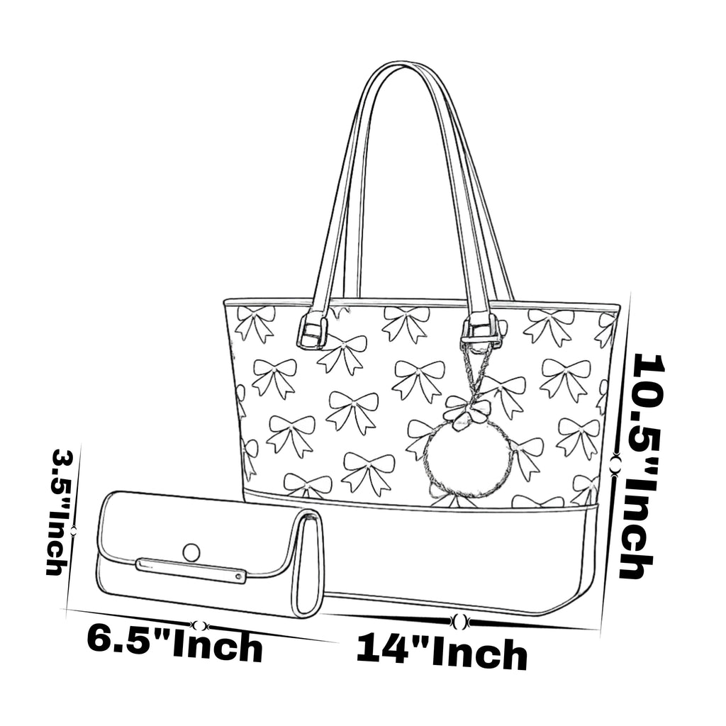 Dark Green Tote Bag with Beige Bow Pattern & Stylish Gold Accents - Two-Piece Set