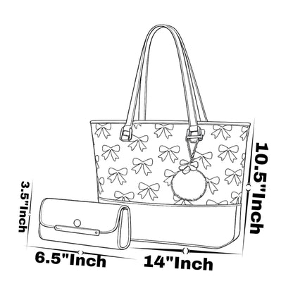 Chic Tote Bag with Bow Pattern & Stylish Gold Accents - Two-Piece Set