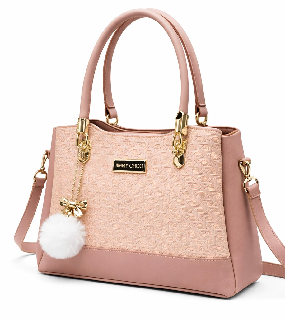Elegant Blush Pink Designer Handbag with Gold Hardware & Pom-Pom Charm
