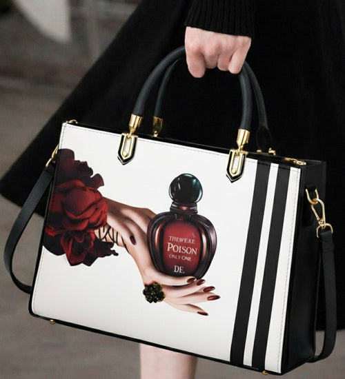 Black and White Handbag with Vintage Perfume Design – A Fashionable Statement Piece