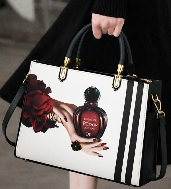 Black and White Handbag with Vintage Perfume Design – A Fashionable Statement Piece