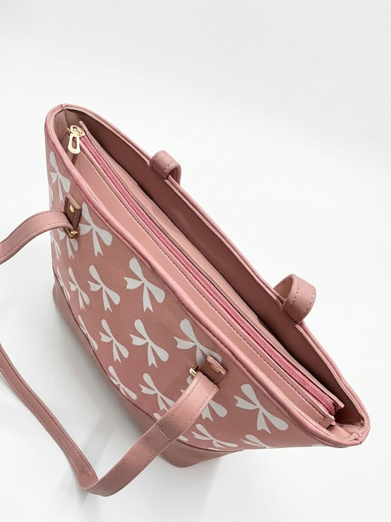 Chic Tote Bag with Bow Pattern & Stylish Gold Accents - Two-Piece Set