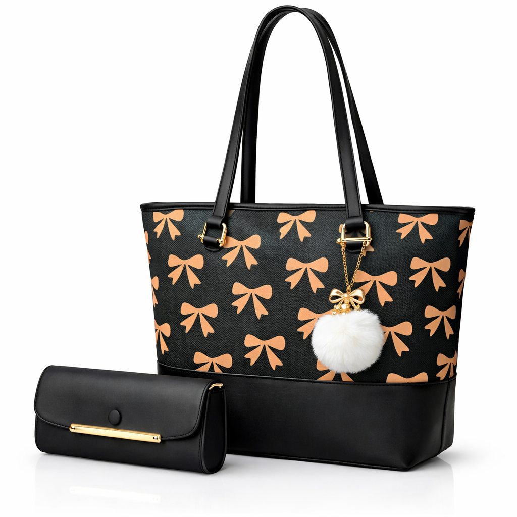 Chic Tote Bag with Bow Pattern & Stylish Gold Accents - Two-Piece Set