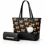 Chic Tote Bag with Bow Pattern & Stylish Gold Accents - Two-Piece Set
