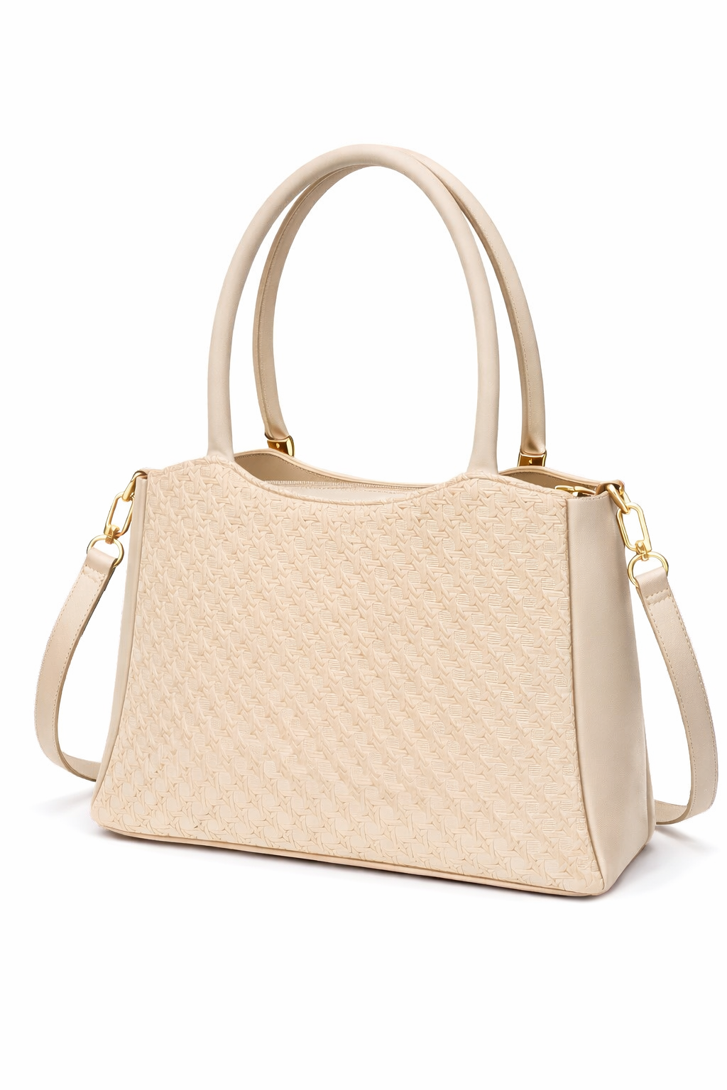 Elegant Beige Designer Handbag with Gold Hardware & Pom-Pom Charm