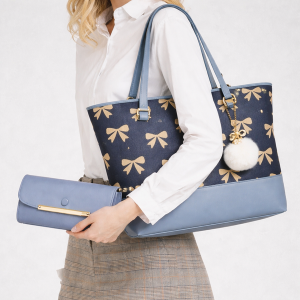 Gray Tote Bag with Beige Bow Pattern & Stylish Blue Accents - Two-Piece Set