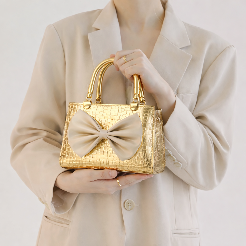 Elegant Golden Bow Handbag with Gold Accents – Perfect for Every Occasion