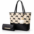 Chic Beige Tote Bag with Black Bow Pattern & Stylish Gold Accents - Two-Piece Set