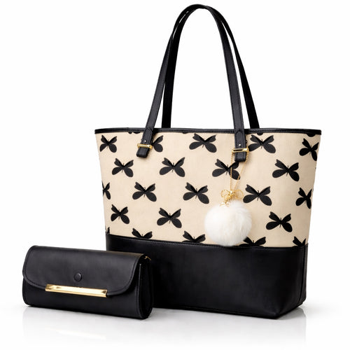 Chic Tote Bag with Bow Pattern & Stylish Gold Accents - Two-Piece Set