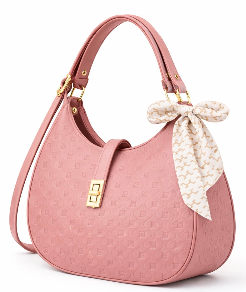 Elegant Pink Moon Bag with Golden Accents and Stylish Scarf – The Ultimate Fashion Accessory