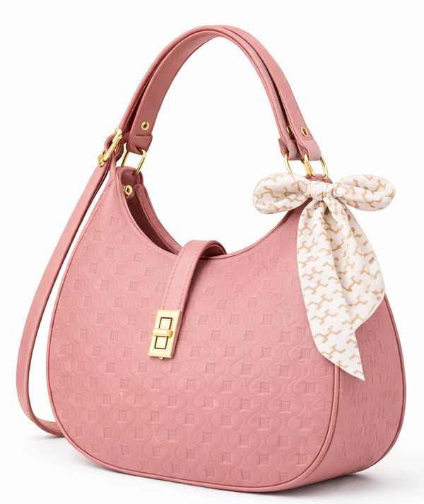 Elegant Pink Moon Bag with Golden Accents and Stylish Scarf – The Ultimate Fashion Accessory