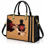 Black and Brown Handbag with Vintage Perfume Design – A Fashionable Statement Piece
