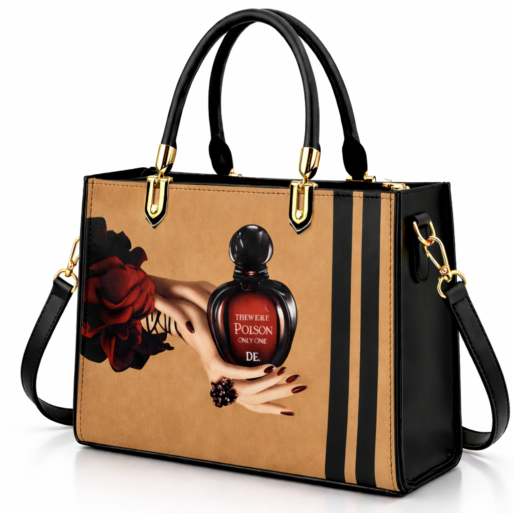 Black and Brown Handbag with Vintage Perfume Design – A Fashionable Statement Piece