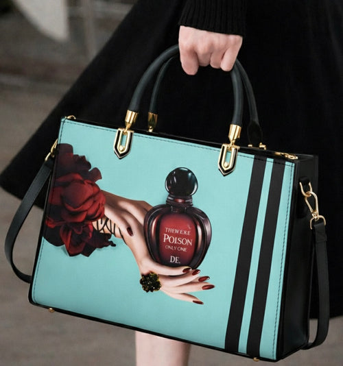 Black and See Green Handbag with Vintage Perfume Design – A Fashionable Statement Piece