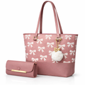 Chic Tote Bag with Bow Pattern & Stylish Gold Accents - Two-Piece Set