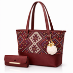 Chic Tote Bag with Bow Pattern & Stylish Gold Accents - Two-Piece Set