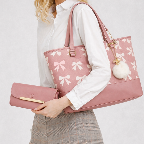 Pink Tote Bag with White Bow Pattern & Stylish Pink Accents - Two-Piece Set