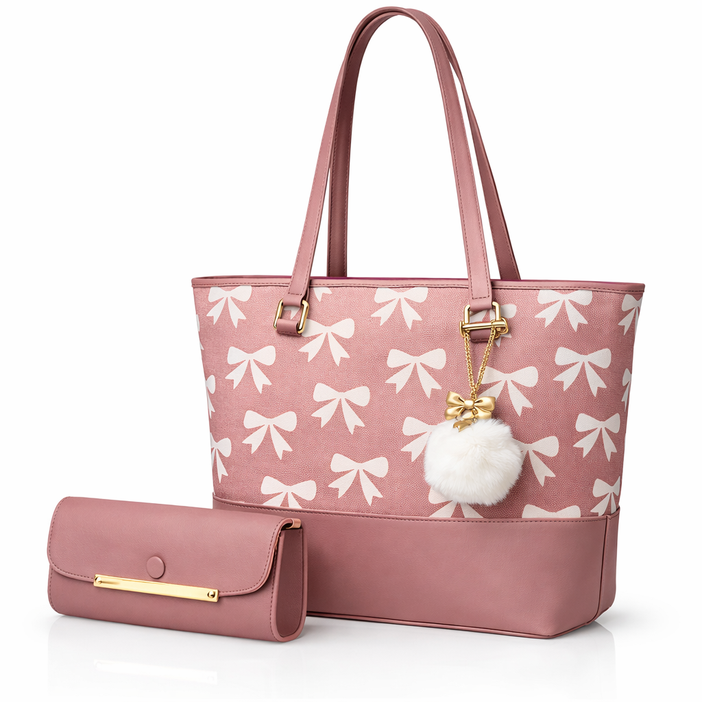 Chic Tote Bag with Bow Pattern & Stylish Gold Accents - Two-Piece Set