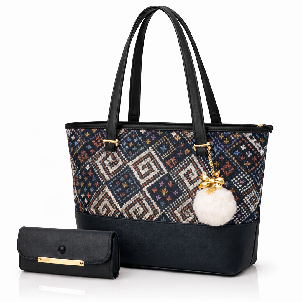 Chic Tote Bag with Bow Pattern & Stylish Gold Accents - Two-Piece Set