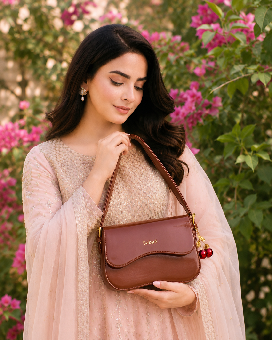Cherry Charm Crossbody Bag – Brown