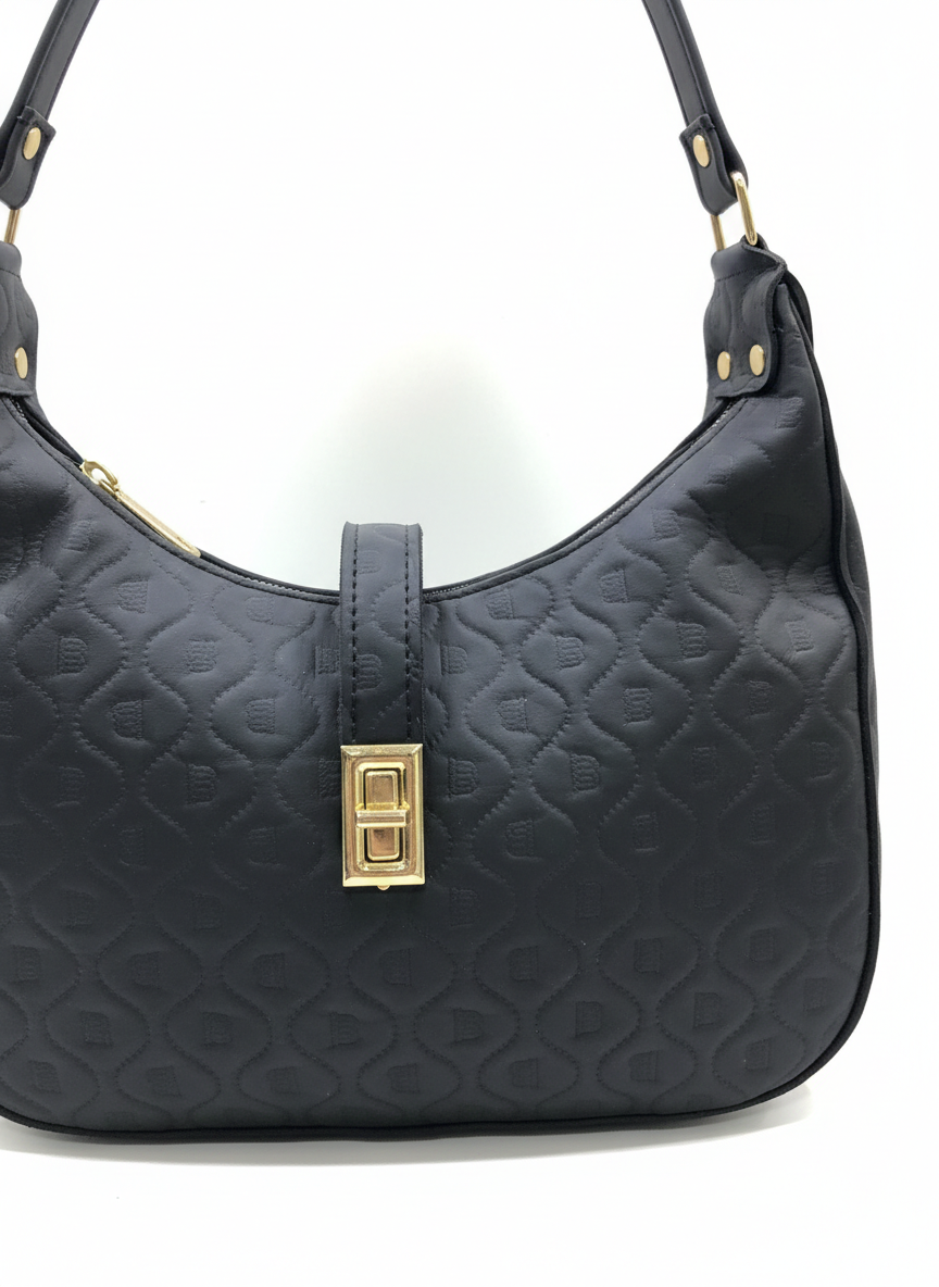 Elegant Black Moon Bag with Golden Accents and Stylish Scarf – The Ultimate Fashion Accessory