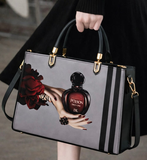 Black and Gray Handbag with Vintage Perfume Design – A Fashionable Statement Piece