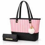 Chic Tote Bag with Bow Pattern & Stylish Gold Accents - Two-Piece Set