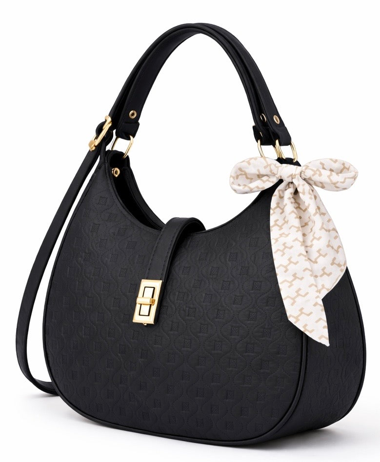 Elegant Black Moon Bag with Golden Accents and Stylish Scarf – The Ultimate Fashion Accessory