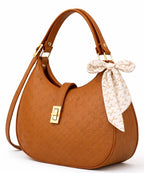 Elegant Camel Brown Moon Bag with Golden Accents and Stylish Scarf – The Ultimate Fashion Accessory