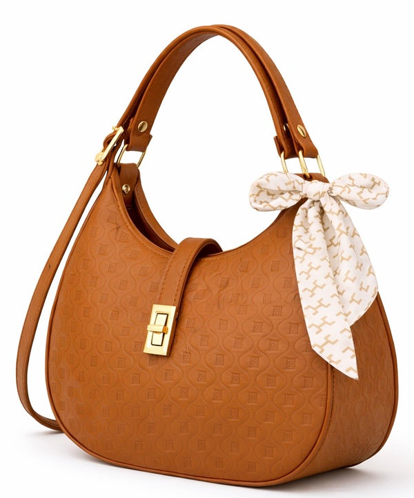 Elegant Camel Brown Moon Bag with Golden Accents and Stylish Scarf – The Ultimate Fashion Accessory