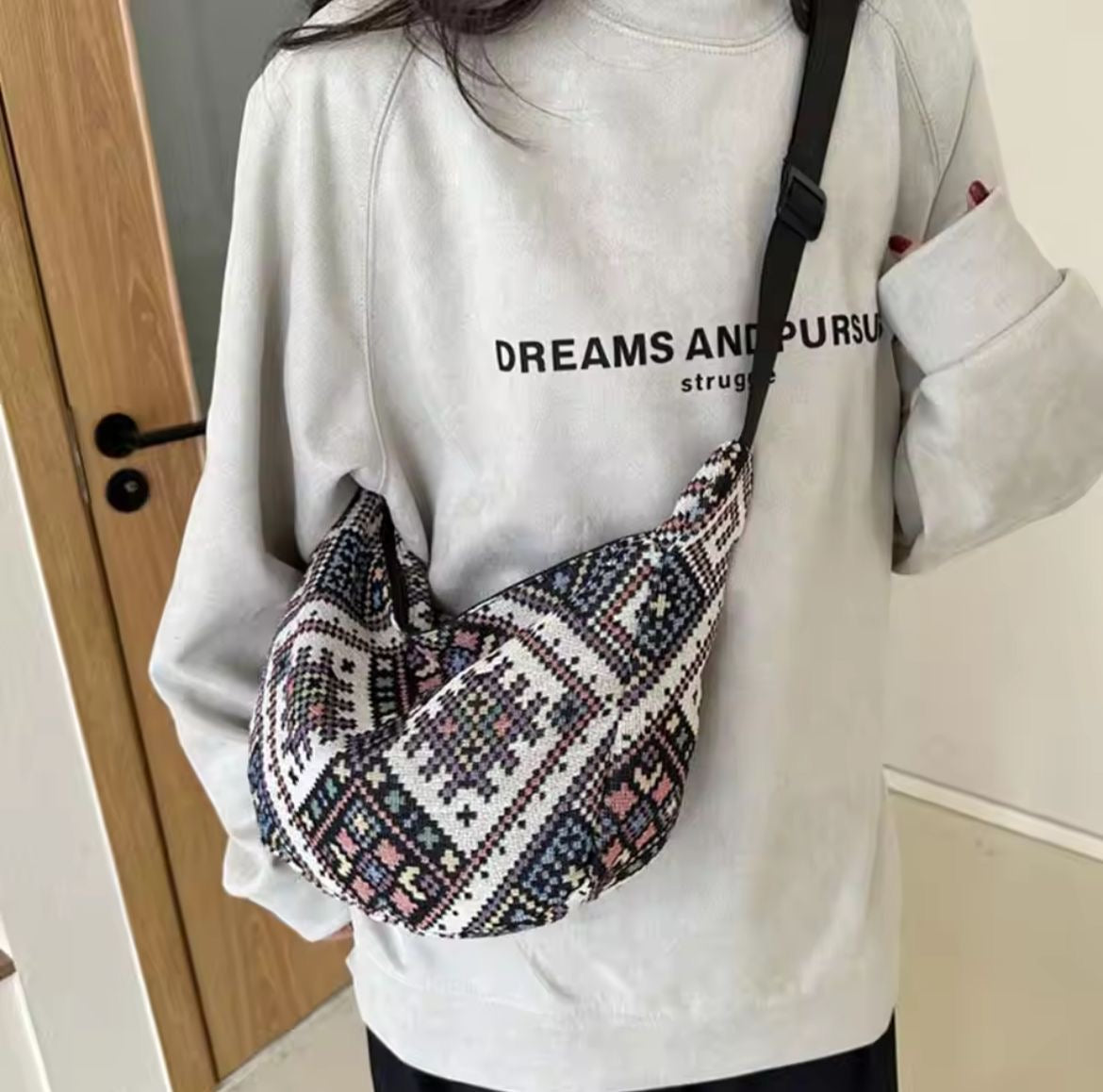 Stylish Trendy Ethnic Print Canvas Shoulder Bag with Adjustable Strap