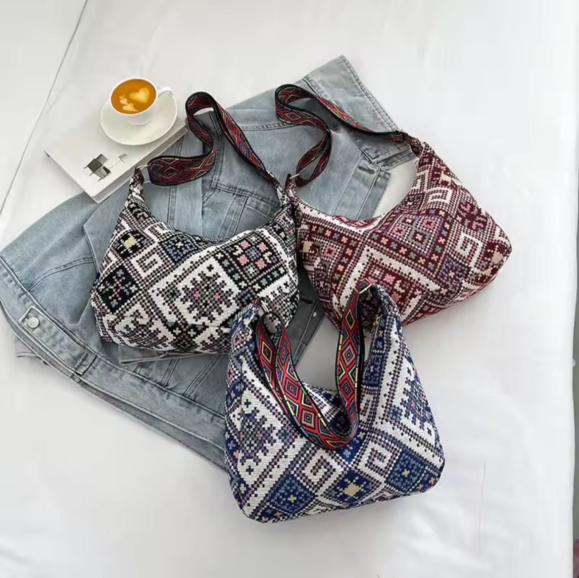 Stylish Trendy Ethnic Print Canvas Shoulder Bag with Adjustable Strap