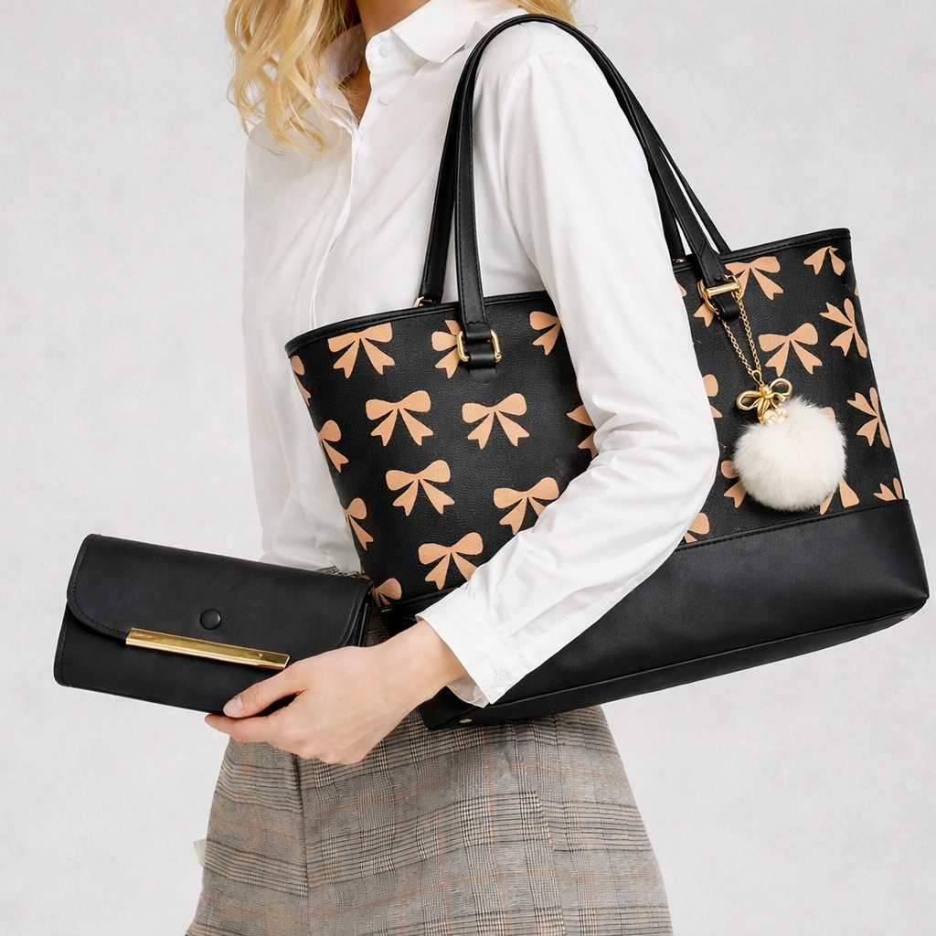 Black Tote Bag with Orange Bow Pattern & Stylish Gold Accents - Two-Piece Set