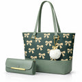 Dark Green Tote Bag with Beige Bow Pattern & Stylish Gold Accents - Two-Piece Set