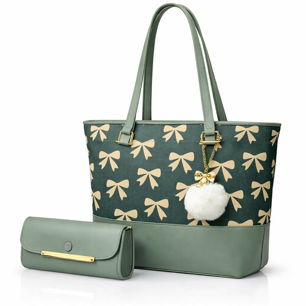 Dark Green Tote Bag with Beige Bow Pattern & Stylish Gold Accents - Two-Piece Set