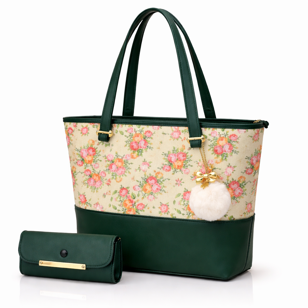 Chic Tote Bag with Bow Pattern & Stylish Gold Accents - Two-Piece Set