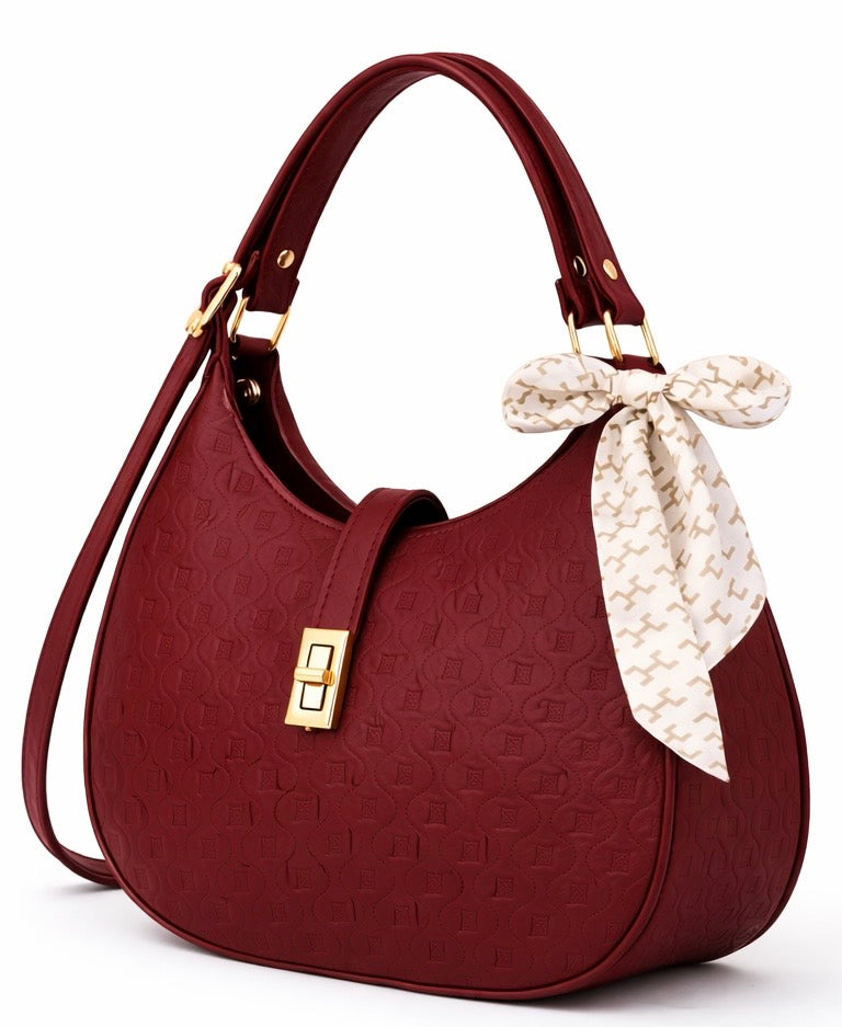 Elegant Mahroon Moon Bag with Golden Accents and Stylish Scarf – The Ultimate Fashion Accessory