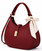 Elegant Mahroon Moon Bag with Golden Accents and Stylish Scarf – The Ultimate Fashion Accessory