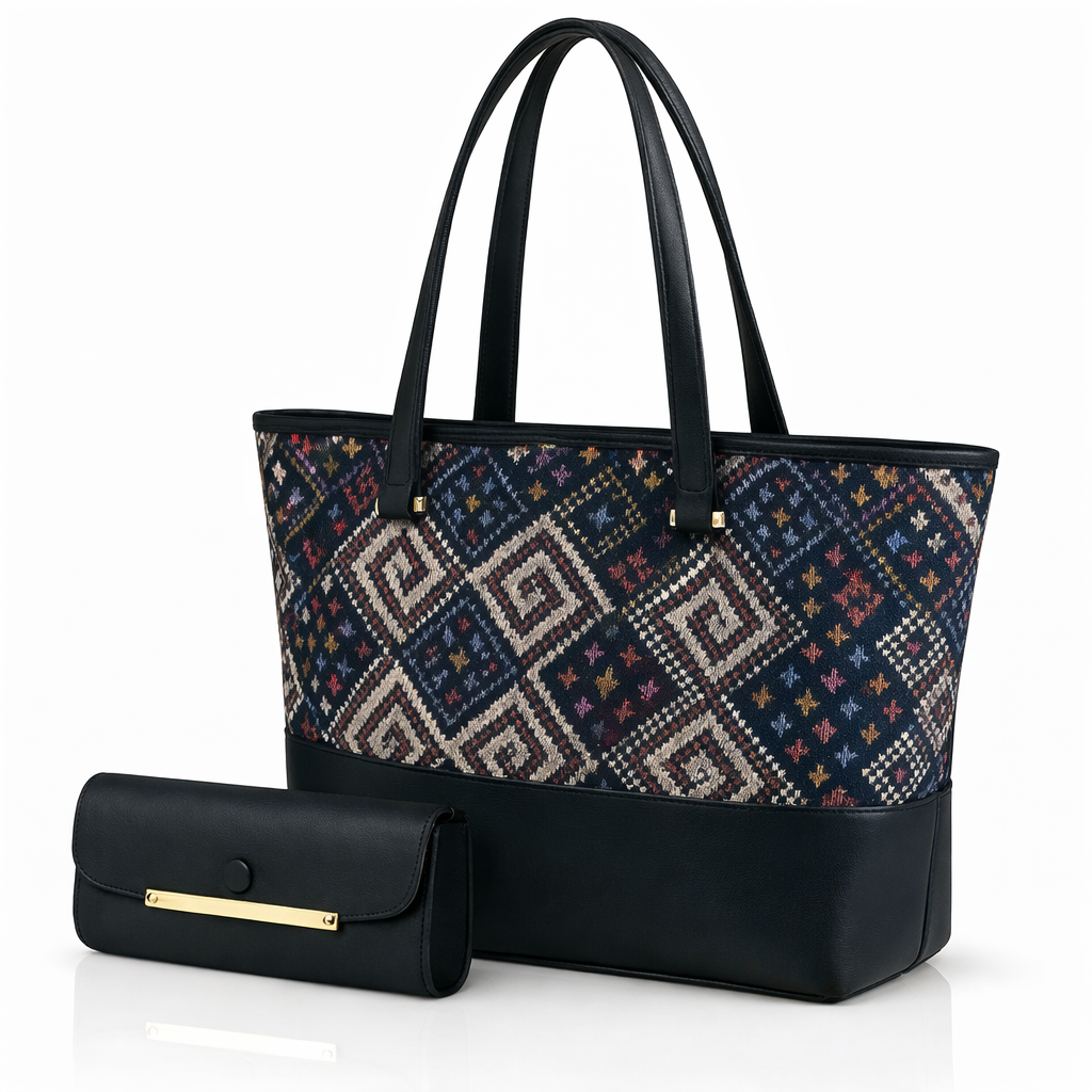 Elegant Two-Piece Canvas Shoulder Bag Set with Long Handles and Matching Pouch