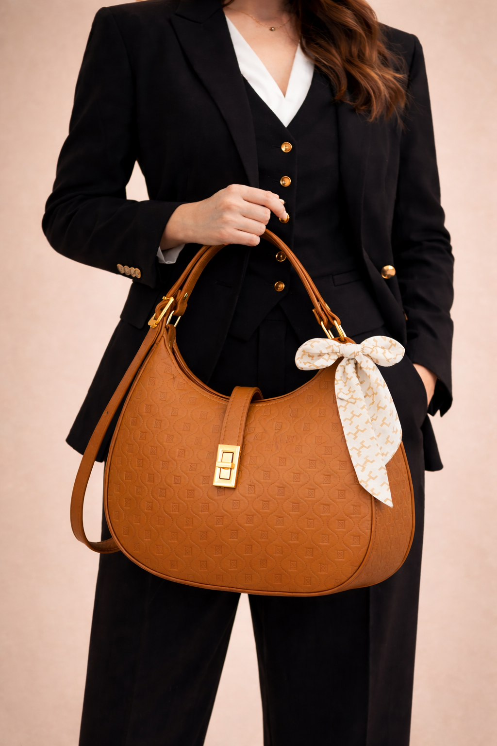 Elegant Camel Brown Moon Bag with Golden Accents and Stylish Scarf – The Ultimate Fashion Accessory
