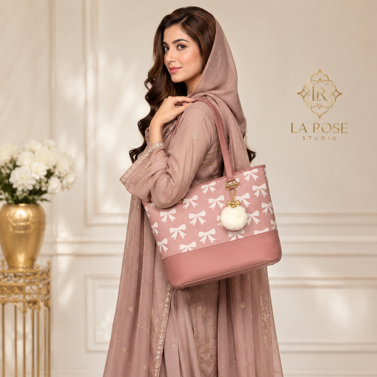 Chic Tote Bag with Bow Pattern & Stylish Gold Accents - Two-Piece Set