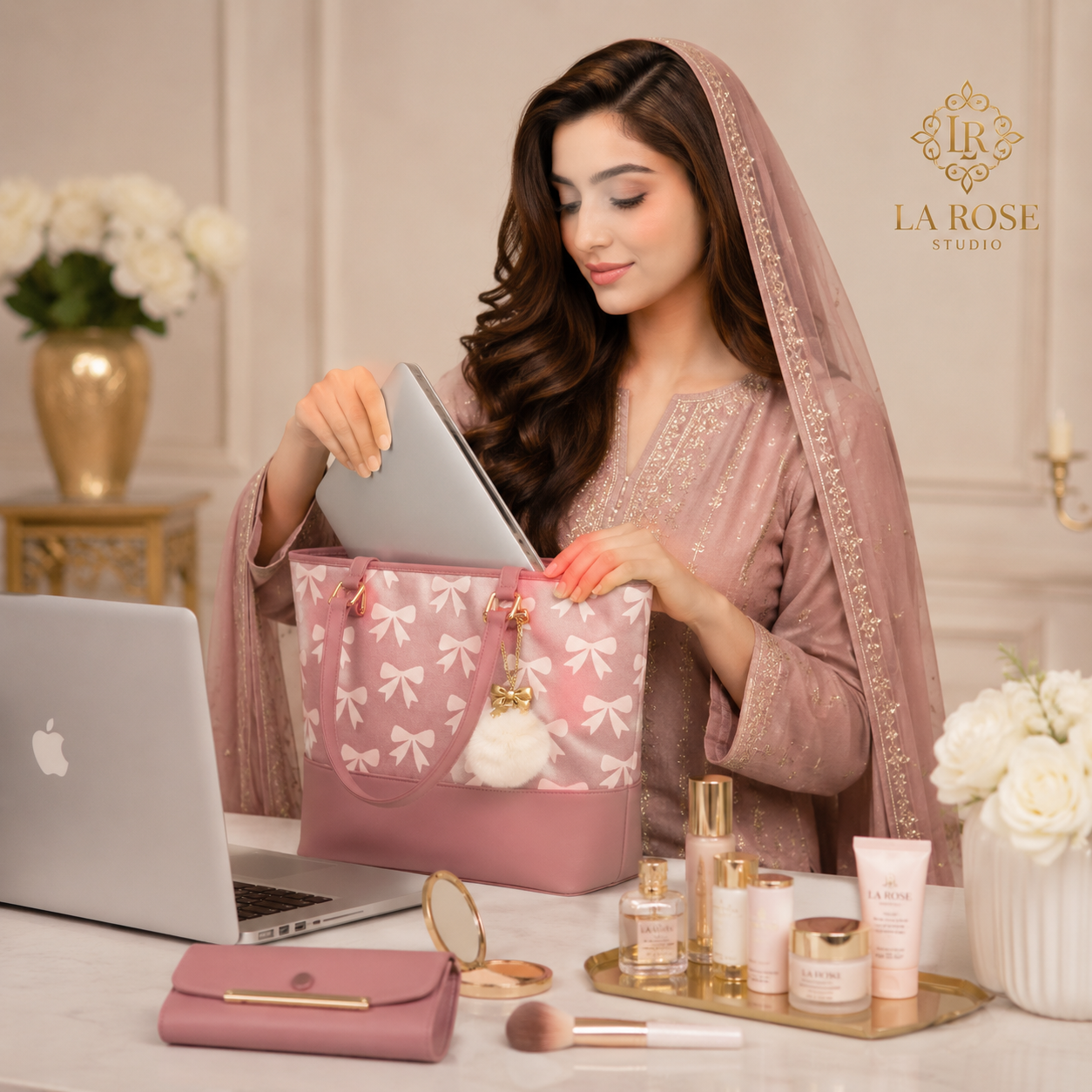 Chic Tote Bag with Bow Pattern & Stylish Gold Accents - Two-Piece Set