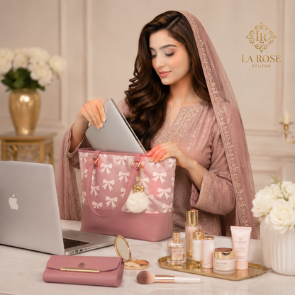 Chic Tote Bag with Bow Pattern & Stylish Gold Accents - Two-Piece Set